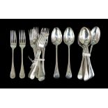 A set of ten early 20th Century silver plate Old English Pattern dessert spoons and dessert forks,