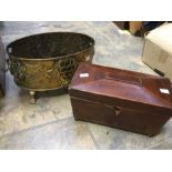 19th Century mahogany tea caddy, early 20th Century, brass oval planter on lions feet, onyx eggs and