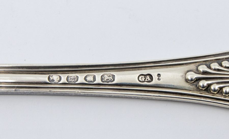 An early Victorian King's pattern silver soup ladle, the handle engraved with a crest, hallmarked by - Image 2 of 2