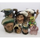 Seven Royal Doulton items including character mugs; Athos, Porthos, Henry Morgan, Mr Pickwick,