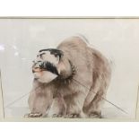 David Hughes mixed media Cartoon of Starlin as a tethered blood thirsty bear. Dated 1982. Frame 84cm