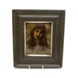 An early 20th Century crystoleum on glass of an Art Nouveau woman