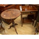 George III oak tilt top table on tripod support and mahogany side table with one drawer and shelf