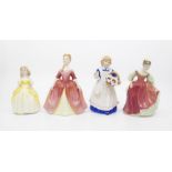 Four Royal Doulton lady figures including Fair Maiden, Debbie, Penny and Quiet they're Sleeping,