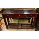 A late 19th/ early 20th Century Chinese lacquered hall/altar table with three small drawers,