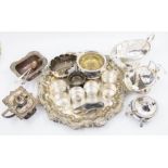 Silver plated serving tray, plated napkin rings, sauce boats, sugar bowl, silver plated condiments