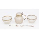 A Victorian silver mounted three piece glass large scondiment set comprising: pair of salts and a