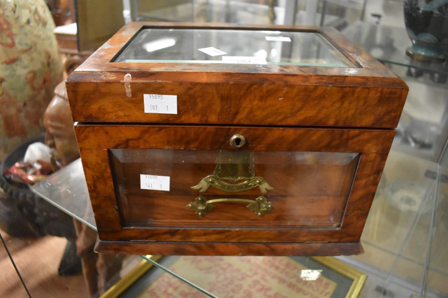 A rose mahogany bevelled glass top jewellery box, 19th Century, with lift up top, drop down glass