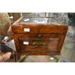 A rose mahogany bevelled glass top jewellery box, 19th Century, with lift up top, drop down glass