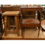 A reproduction mahogany vanity stand with pull out shelf along with a pine stool