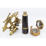 A brass Sextant, brass compass and telescope, all 20th Century