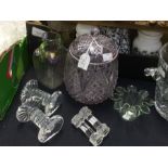 A collection of Edwardian glass wares to include iridescent vase, cut glass, knife rests, finger