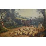 19th Century oil on canvas, country scene, sheep and carriage coming down a lane