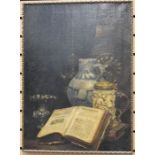 19th Century, Continental School oil on canvas, still life of opened book with stein and oil lamp,