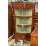 Edwardian mahogany inlaid corner display cabinet with glazed door fitted two shelves, cornice top