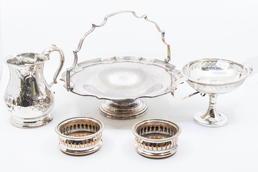 Silver plated early 20th Century fruit bowl, silver plated bonbon dish, two wine coasters and a