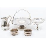 Silver plated early 20th Century fruit bowl, silver plated bonbon dish, two wine coasters and a