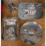 A collection of silver plated wares including lat 19th Century teapot, large tray, coaster,