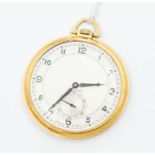 A swiss Tavannes Art Deco 18ct gold open faced pocket watch, silvered dial with black painted Arabic