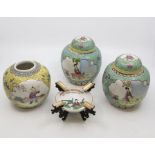 Three mid 20th Century Chinese ginger jars along with a Hong Kong ashtray