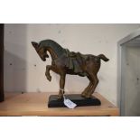 Chinese Tang Dynasty bronzed horse on stand, height 22cm