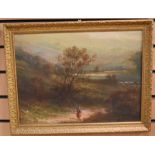 19th Century oil on board of a figure standing in a country scene, with river hills and mountains in