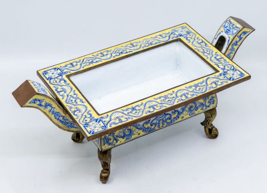 A Canton enamel rectangular censer, Qianlong mark and possibly of the period, the sides decorated