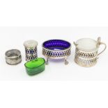 A Neo-Classical style silver three piece condiment set to include: large mustard pot and cover (