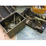 A collection of brass and copper wares including table cannon, fire irons, coal box, other