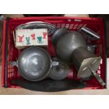 A collection of pewter to include: four piece teaset and an oval tray, planished two handled