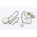 A silver plated pocket watch and chain and a silver chain with pendants