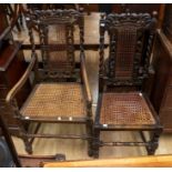 Four 19th Century copies of Jacobite chairs  -  two armchairs and two  singles, with cane seats