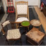 A group of furniture comprising: an early 20th Century rocker, an upholstered corner chair, an oak