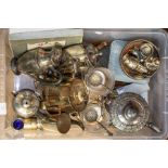 A collection of silver plated items including Victorian glass and plate condiment set, teapots, flat