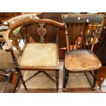 Mahogany inlaid corner chair on cross stretcher support, turned legs and Victorian oak small spindle