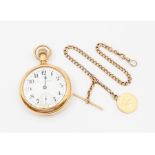 A gold plated Hamilton Watch Co open faced pocket watch, round white enamel dial, approx. 45mm, with