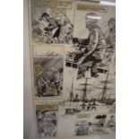 Original comic strip  of Scott in the Antarctic, framed, hand drawn and coloured with text panels
