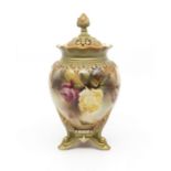 Royal Worcester early 20th century hand painted pot pourri vase and cover, decorated with roses.