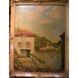Mid 20th Century oil on board, signed HE Tozer, coastal cottage, 36 x 49 cms approx