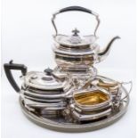 A Georgian style four piece silver plate tea service to include: tea kettle with stand and burner,