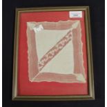 A 19th century regency framed unfinished handkerchief, hand made woven edging  with a diagonal