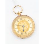 An early 20th Century ladies 14ct gold pocket watch, gold tone dial with black Roman numeral