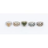 A collection of five Gems TV silver and coloured diamond rings to include blue, (with cert) green,