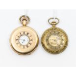 A gold plated half hunter pocket watch, white enamel dial, Roman numerals, subsidiary dial, case