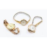 Three 9ct gold gold cased ladies wrist watches, to include two early 20th century round cased