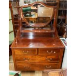 Edwardian mahogany inlaid dressing table, two short over two long drawers, with shield swing mirror