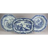 A group of three mid to late eighteenth century Chinese hand-painted porcelain blue and white plates