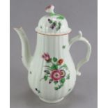 A late eighteenth century Worcester porcelain coffeepot, c. 1770. It is decorated with floral sprays