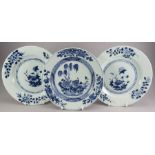 A group of three mid to late eighteenth century Chinese hand-painted porcelain blue and white