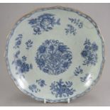 A mid to late eighteenth century Chinese hand-painted blue and white porcelain large saucer dish, c.